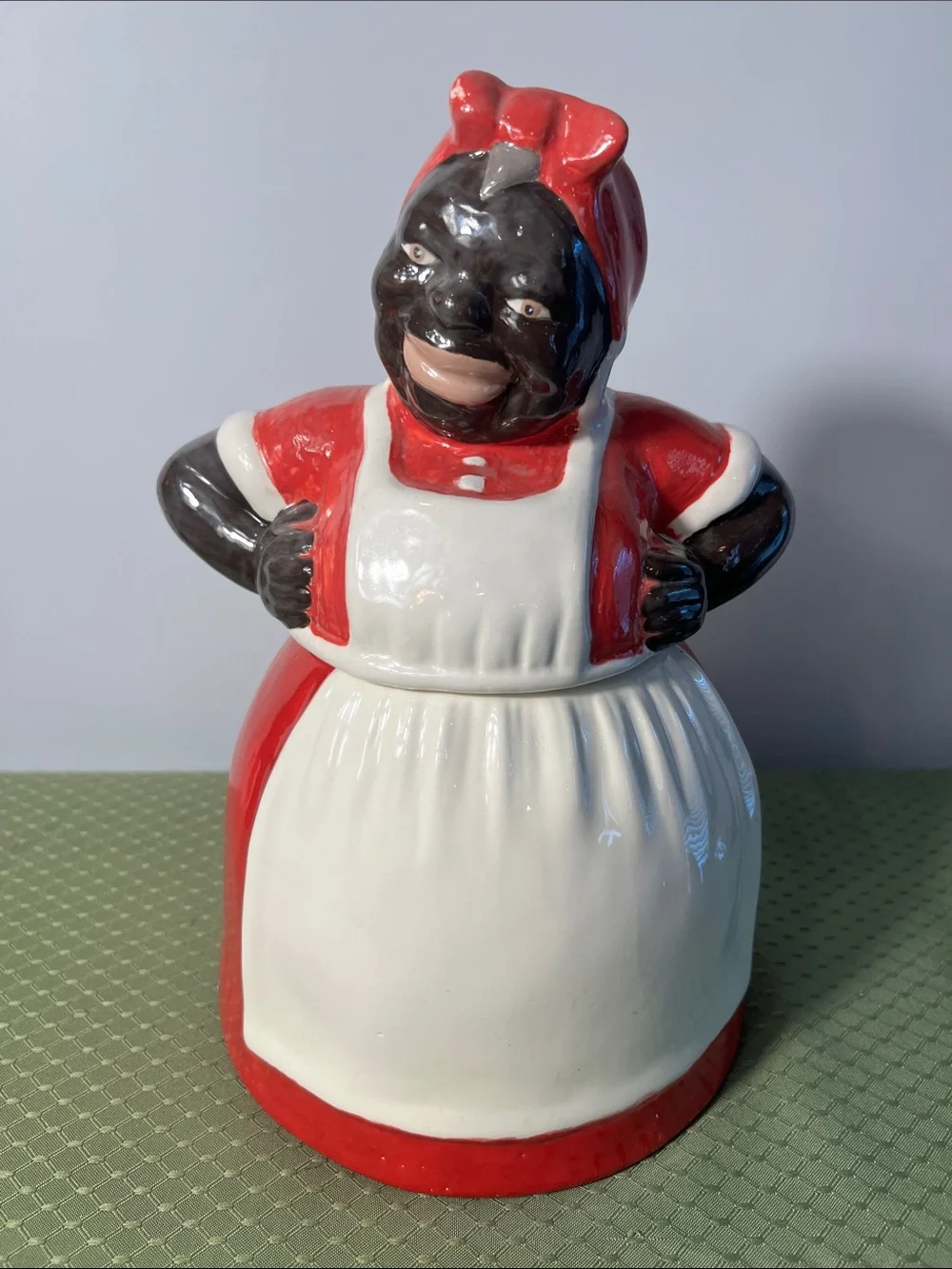 Red and White Ceramic Woman Cookie Jar